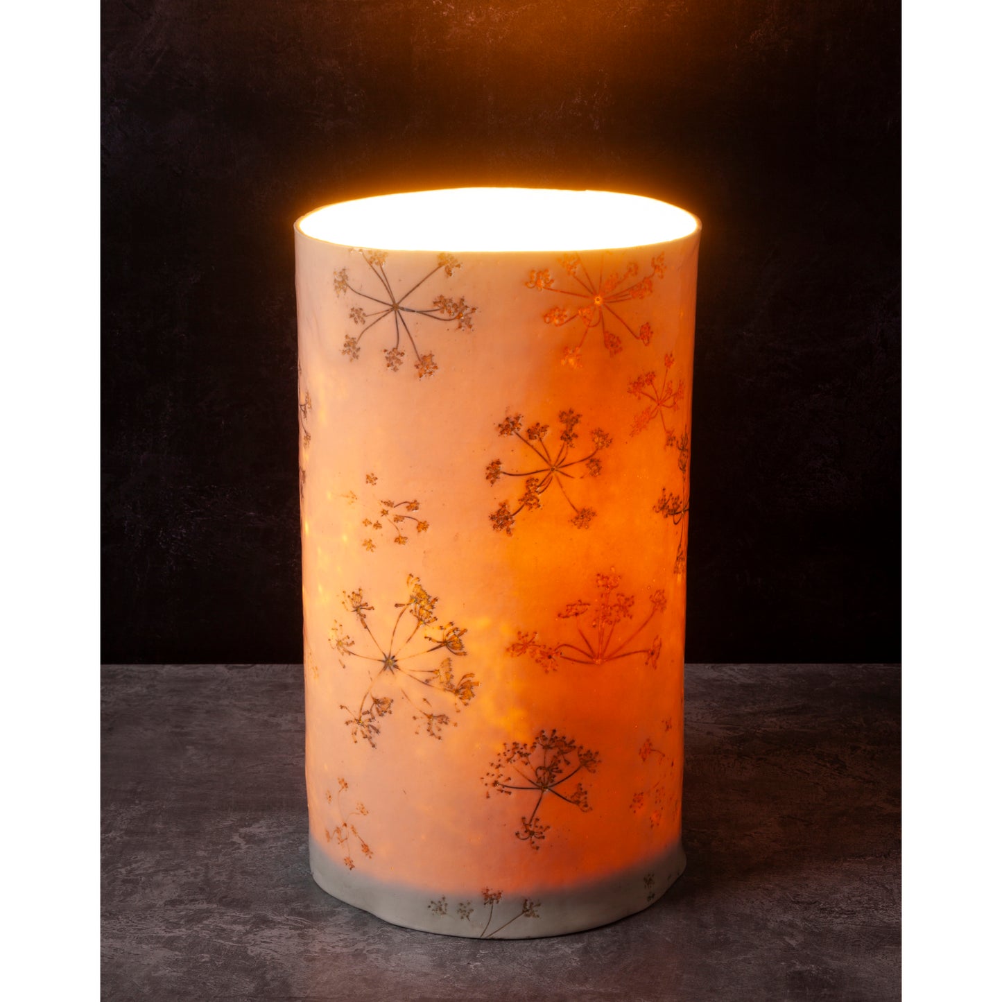 Decorative ceramic lamp with cowparsley patterns on a dark background