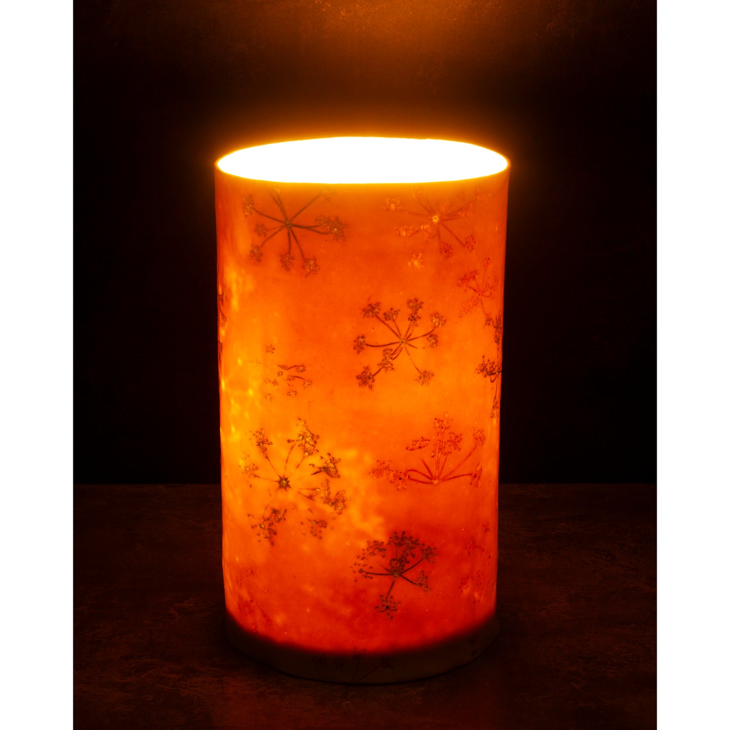 Porcelain lamp with cowparsley patterns glowing in a dark setting