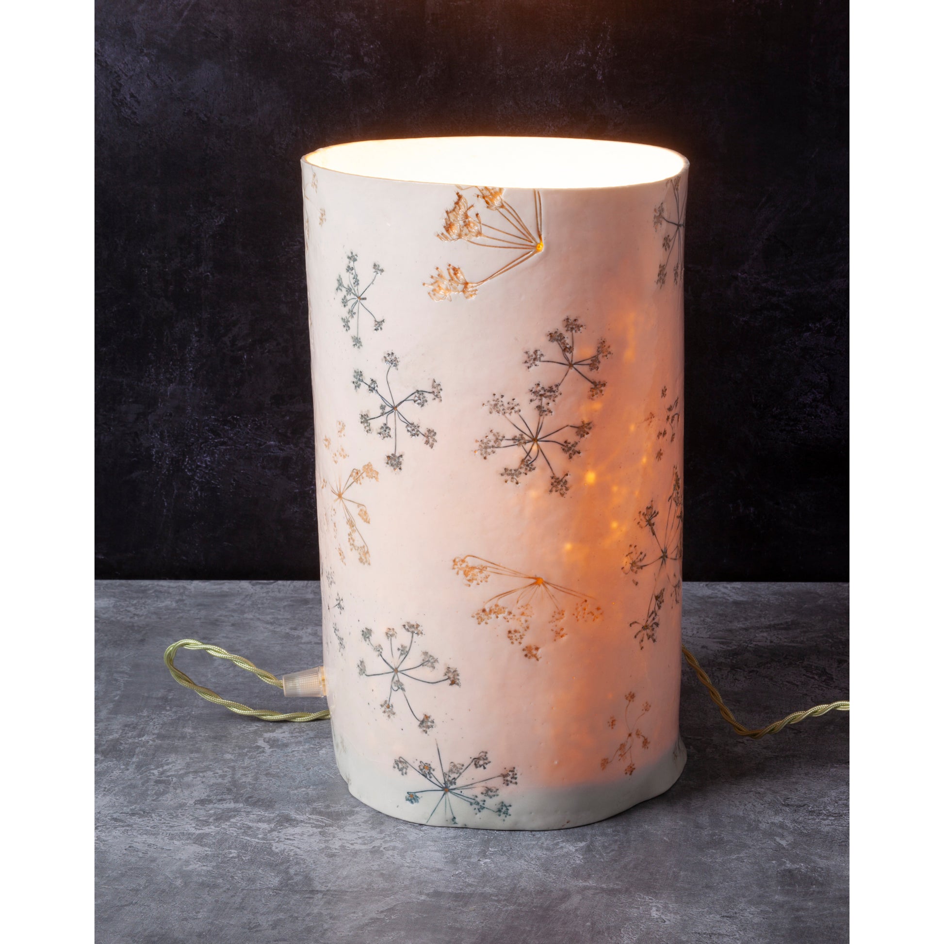 Decorative lamp with cowparsley patterns on a dark background