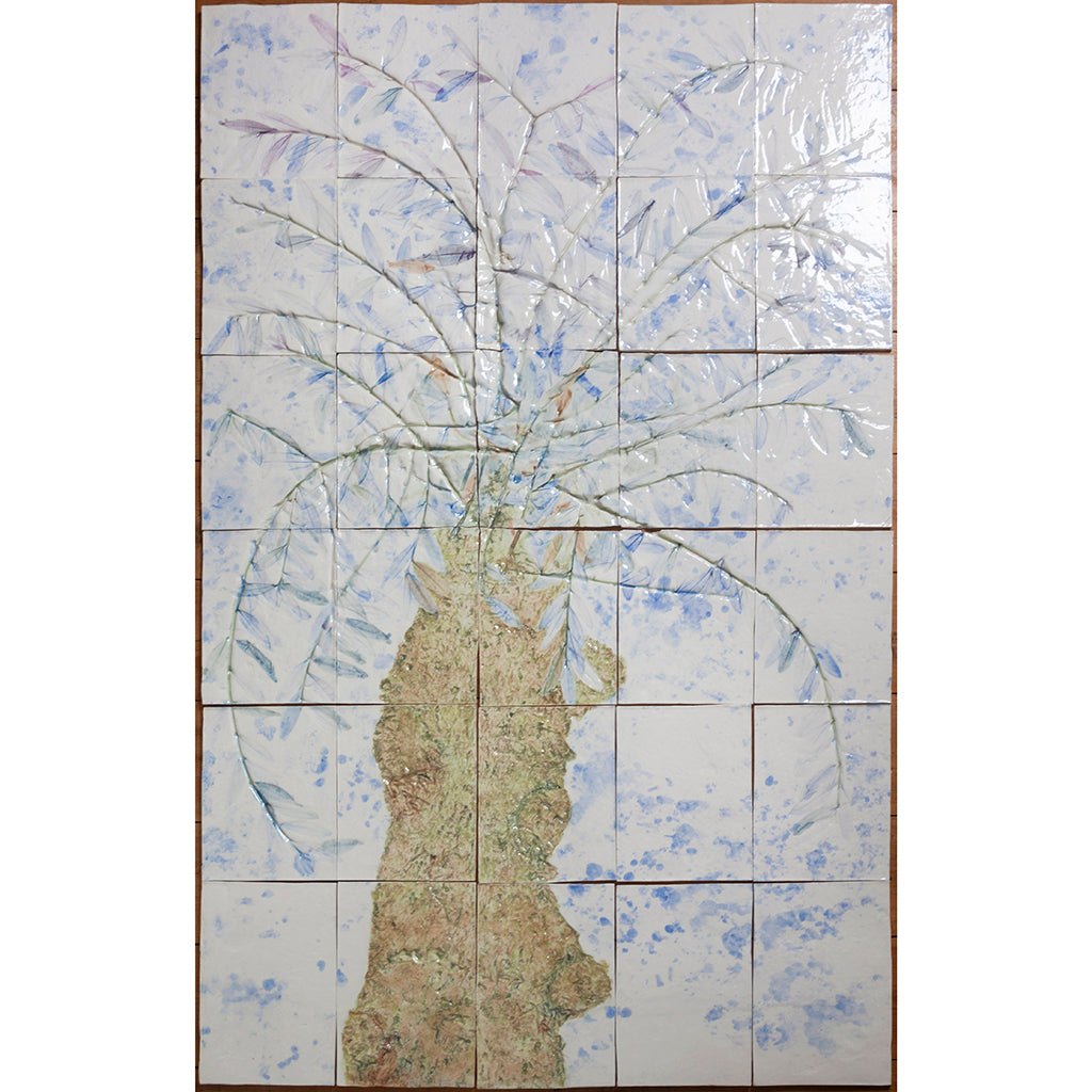 Large porcelain tile panel of an olive tree with blue, beige and green colors on a white background