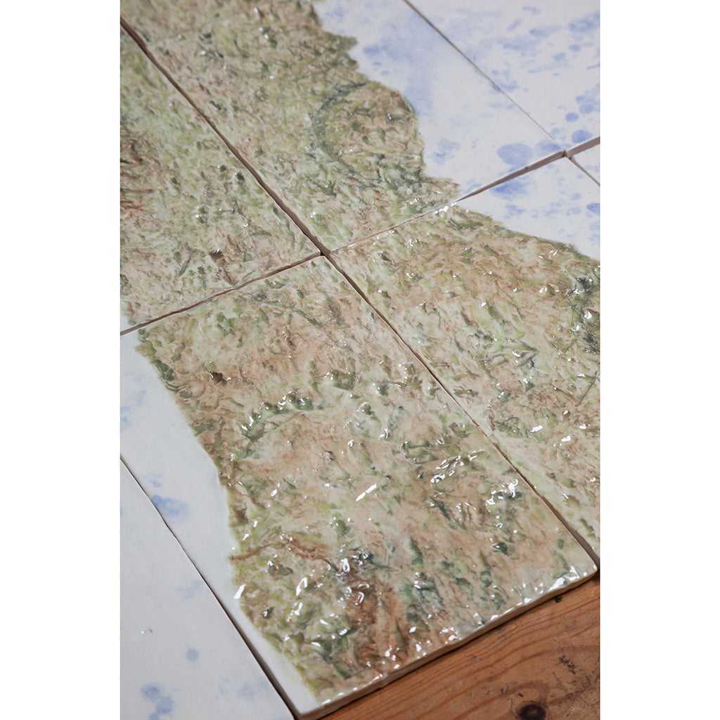 Detail of Large porcelain tile panel of an olive tree. Looking at trunk of tree. Blue, beige and green colors on a white background